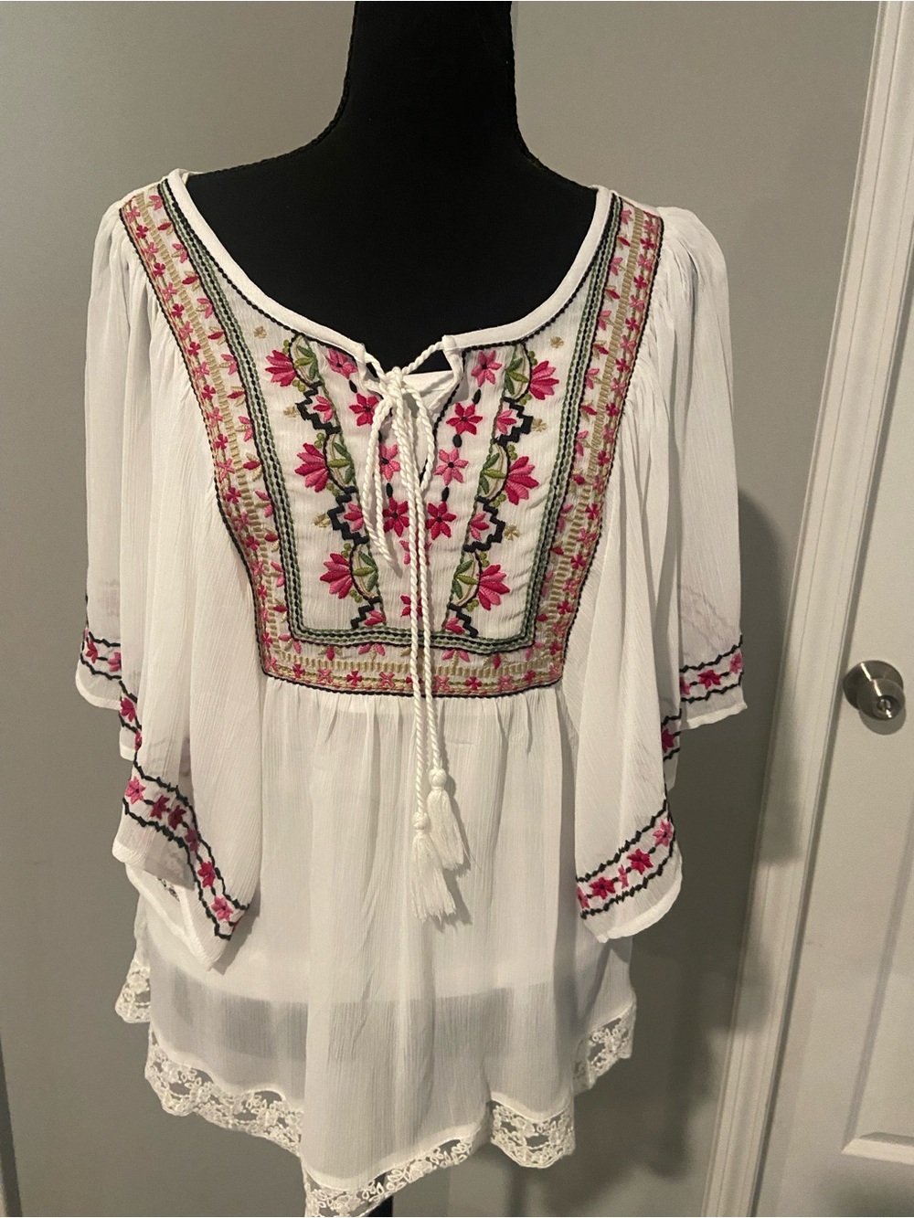 Madison White Peasant Blouse with Pink Floral Embroidery